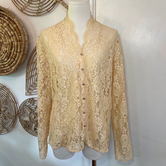 Liz Claiborne Tops - Liz Claiborne Lace Blouse Yellow Button Front Sheer Top Romantic Cottagecore 14